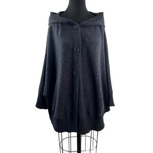 Marina Luna Gray Poncho Sweater Wool Ribbed Hooded Button Front Size Medium M
